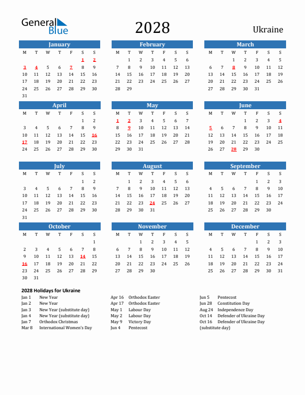 Ukraine 2028 Calendar with Holidays