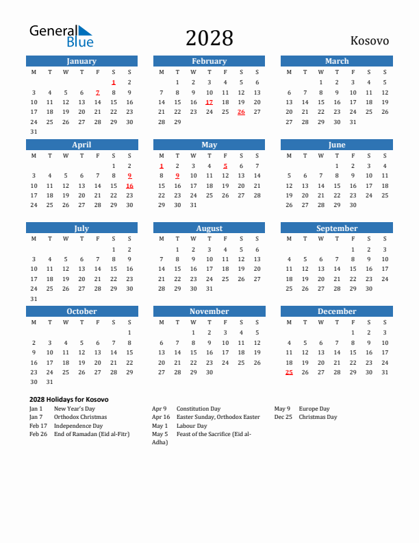 Kosovo 2028 Calendar with Holidays