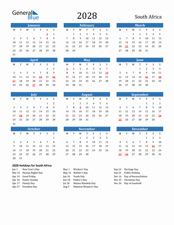 South Africa 2028 Calendar with Holidays
