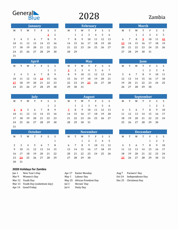 Zambia 2028 Calendar with Holidays