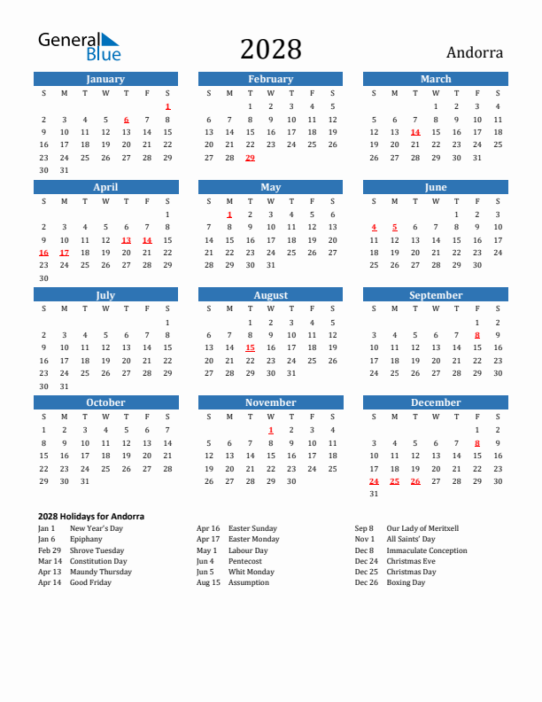 Andorra 2028 Calendar with Holidays
