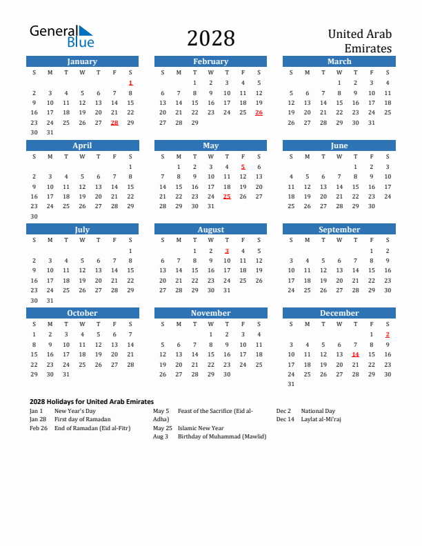 United Arab Emirates 2028 Calendar with Holidays