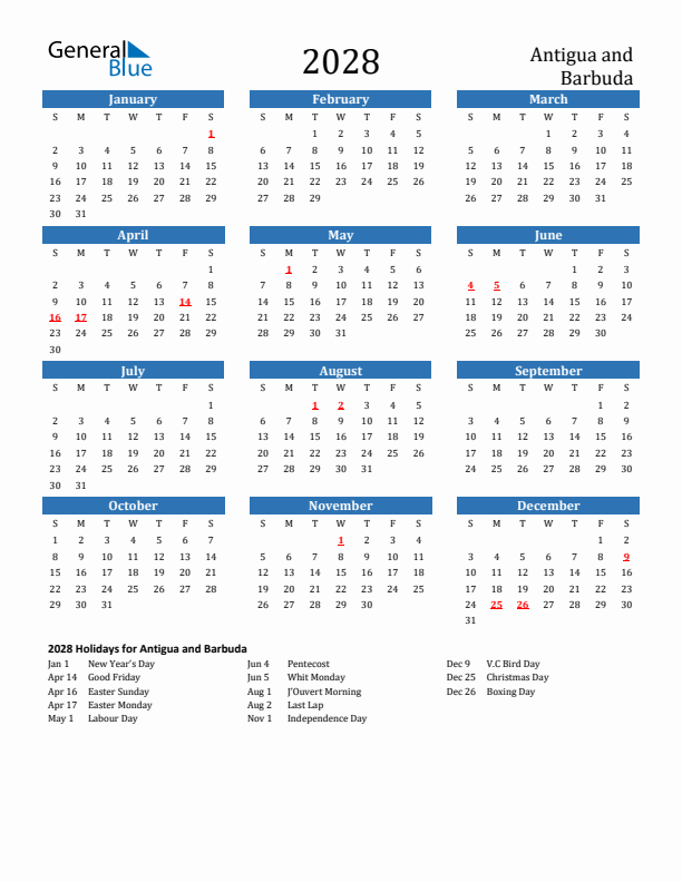 Antigua and Barbuda 2028 Calendar with Holidays