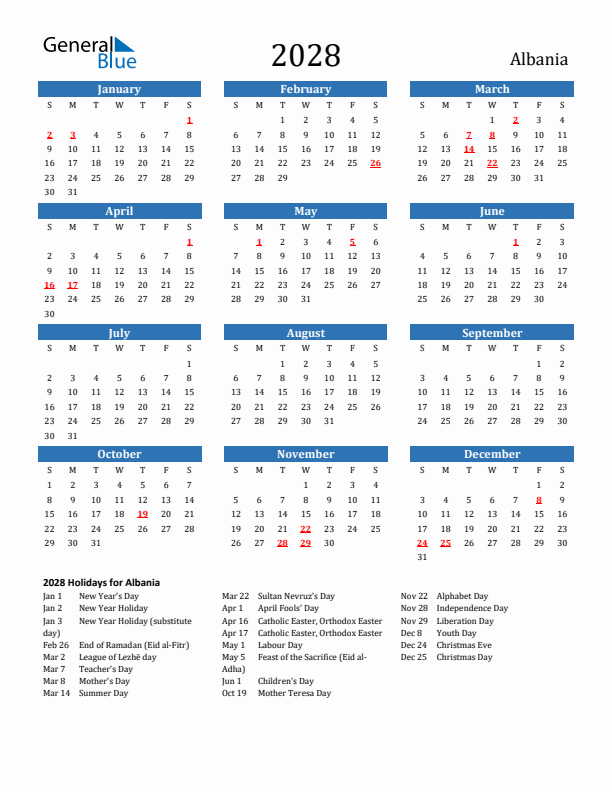 Albania 2028 Calendar with Holidays