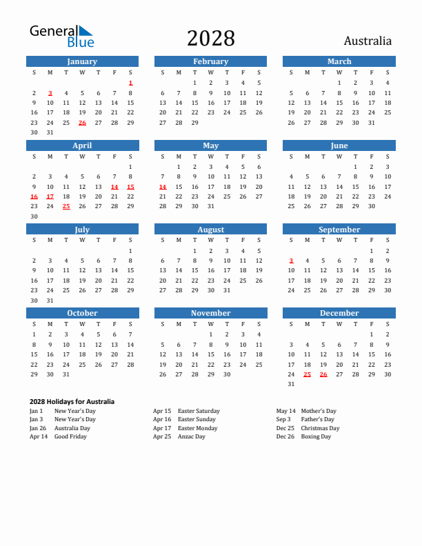 Australia 2028 Calendar with Holidays