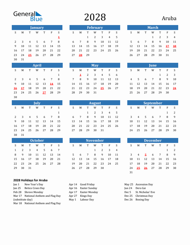 Aruba 2028 Calendar with Holidays