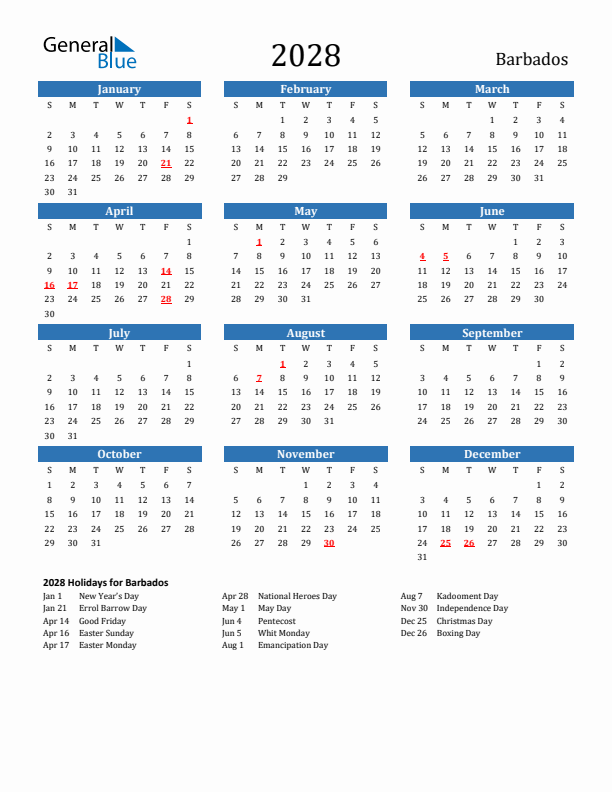 Barbados 2028 Calendar with Holidays