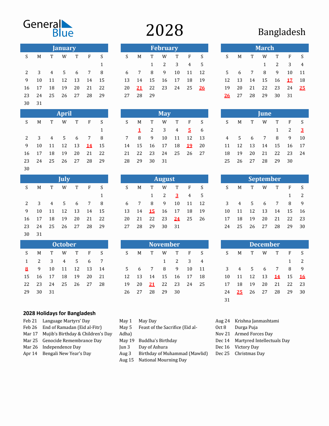 2028 Bangladesh Calendar with Holidays