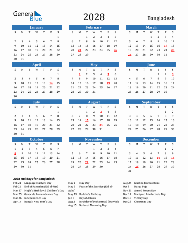 Bangladesh 2028 Calendar with Holidays