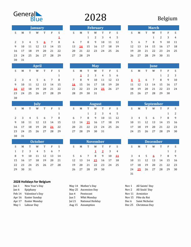 Belgium 2028 Calendar with Holidays