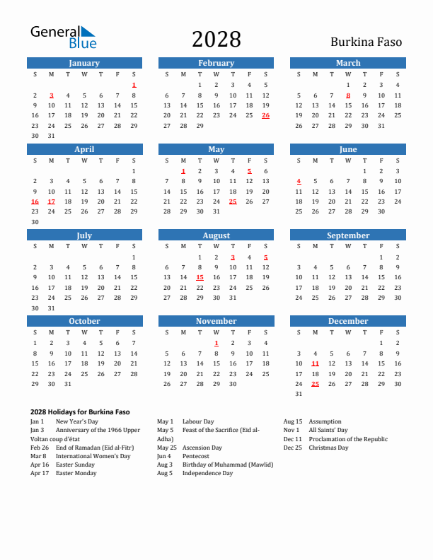 Burkina Faso 2028 Calendar with Holidays