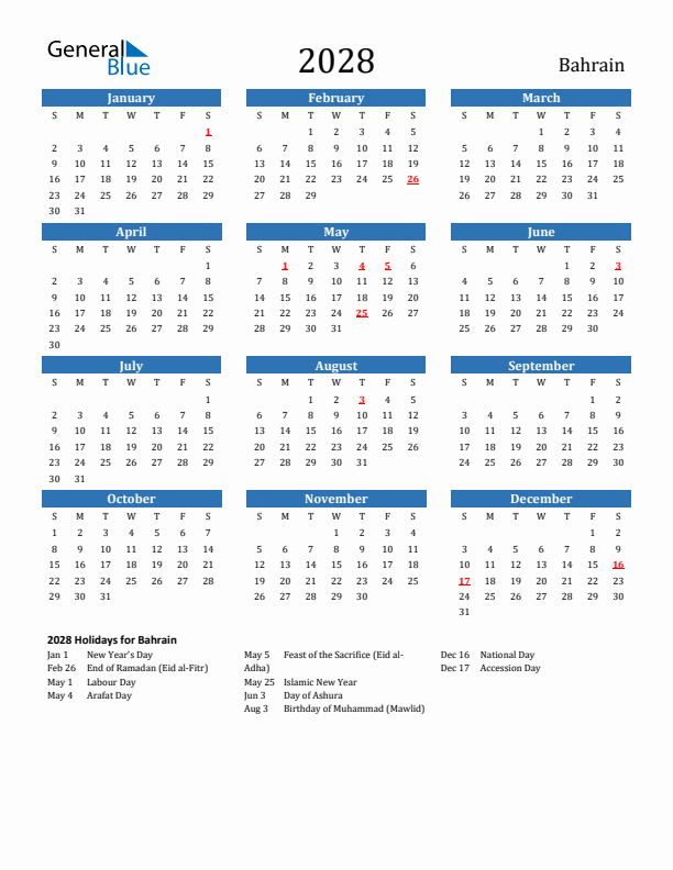 Bahrain 2028 Calendar with Holidays
