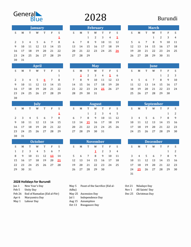 Burundi 2028 Calendar with Holidays