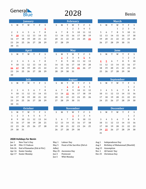 Benin 2028 Calendar with Holidays