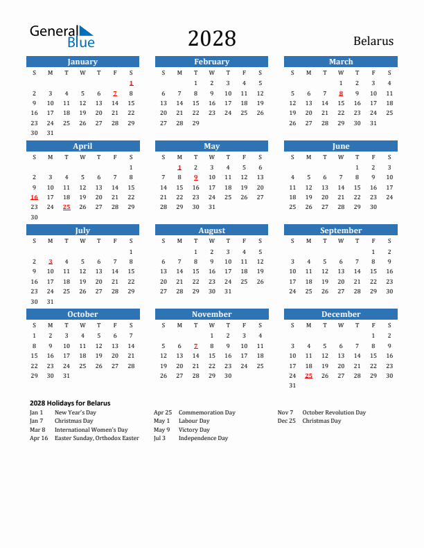 Belarus 2028 Calendar with Holidays