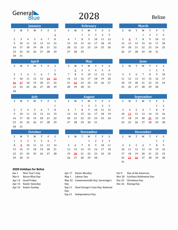 Belize 2028 Calendar with Holidays