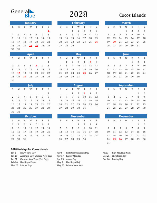 Cocos Islands 2028 Calendar with Holidays