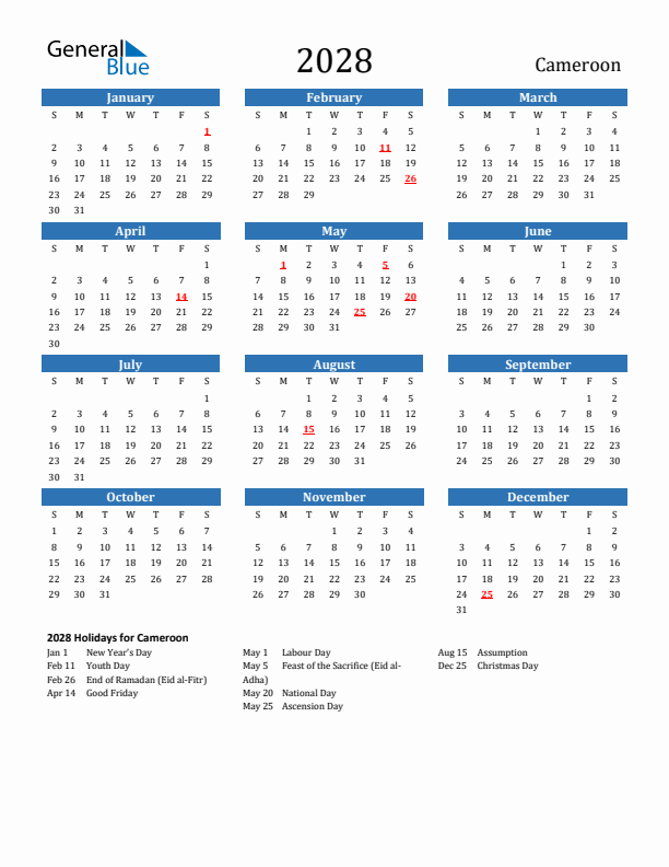 Cameroon 2028 Calendar with Holidays