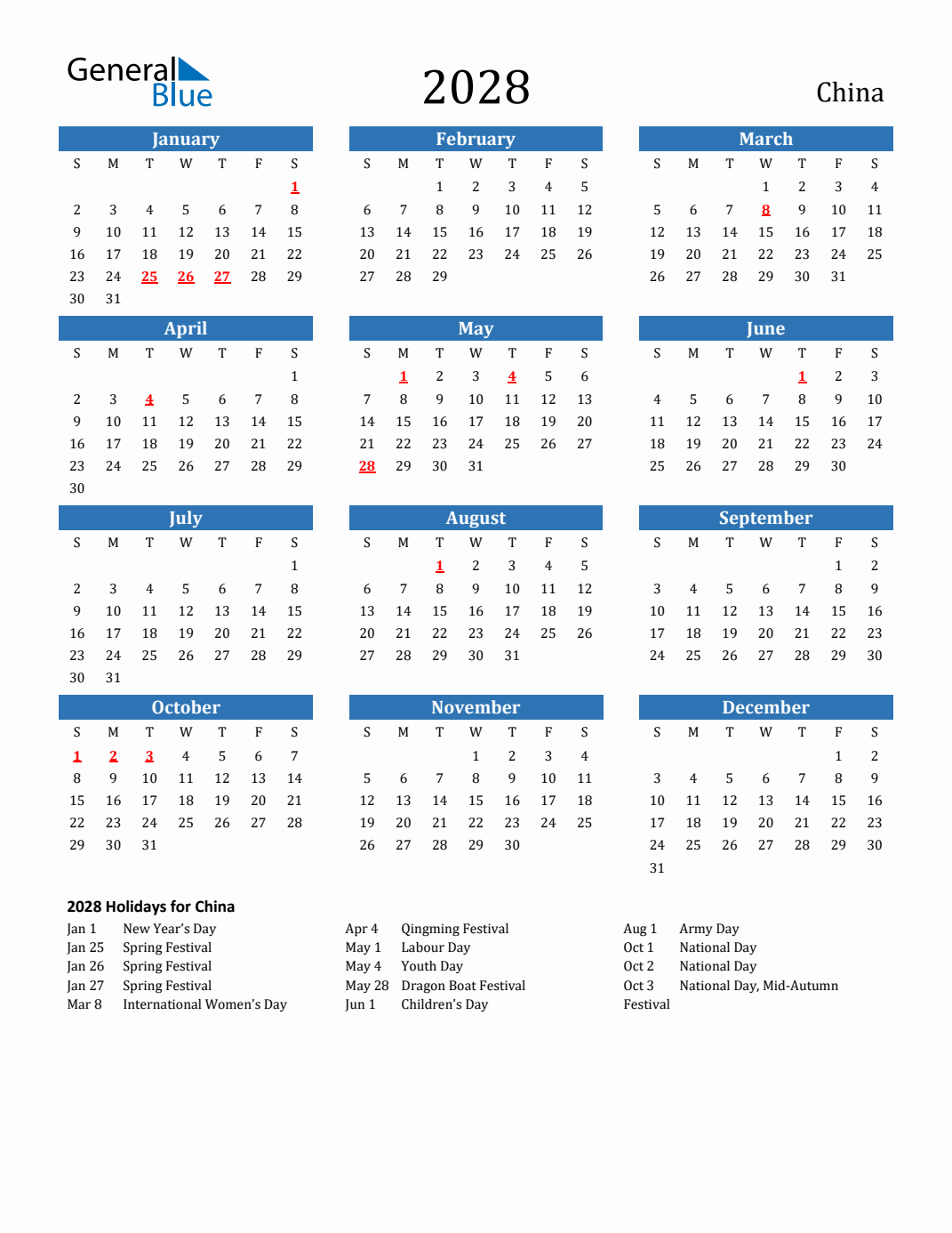 2028 China Calendar with Holidays