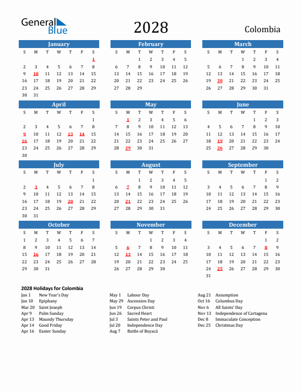 Colombia 2028 Calendar with Holidays