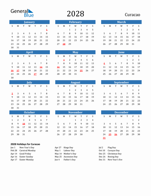 Curacao 2028 Calendar with Holidays