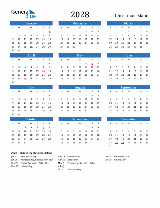 Christmas Island 2028 Calendar with Holidays