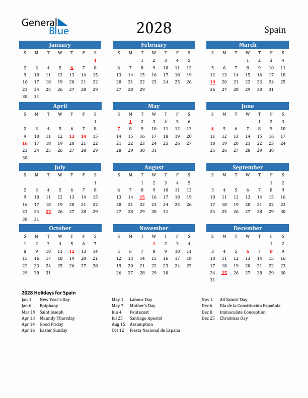 Spain 2028 Calendar with Holidays