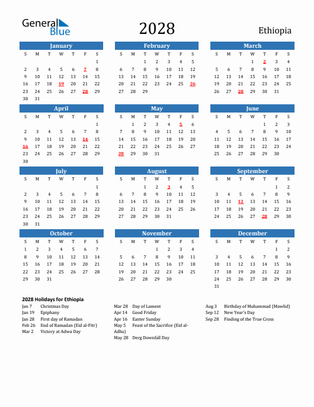 Ethiopia 2028 Calendar with Holidays