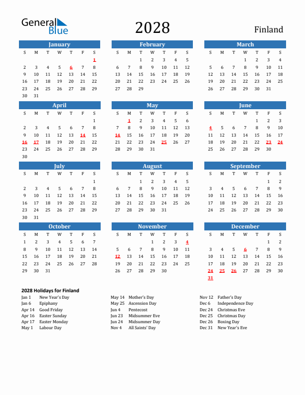 Finland 2028 Calendar with Holidays