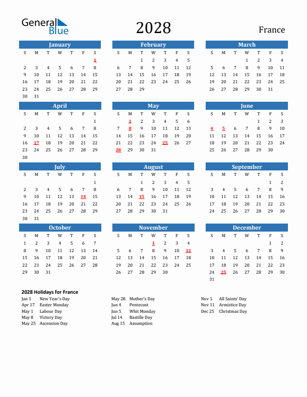 France 2028 Calendar with Holidays