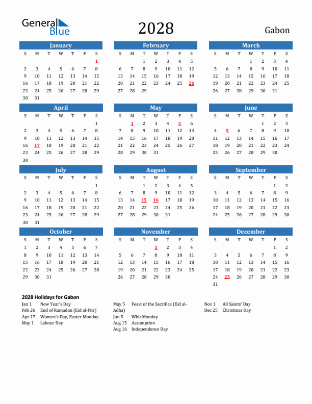Gabon 2028 Calendar with Holidays