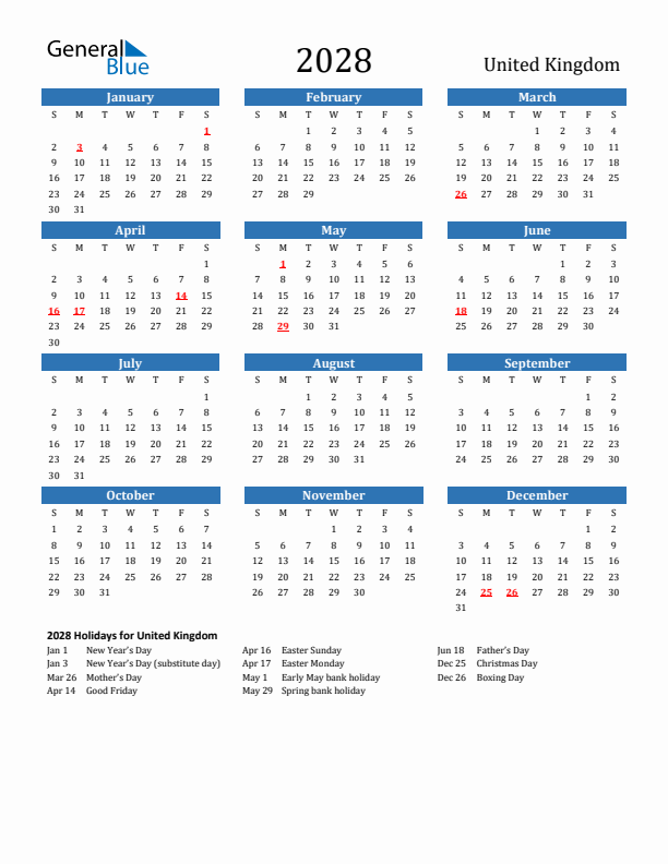 United Kingdom 2028 Calendar with Holidays