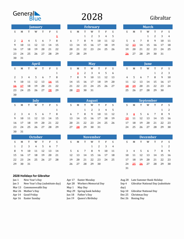 Gibraltar 2028 Calendar with Holidays