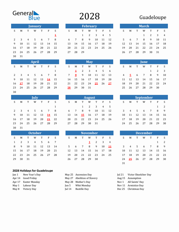 Guadeloupe 2028 Calendar with Holidays