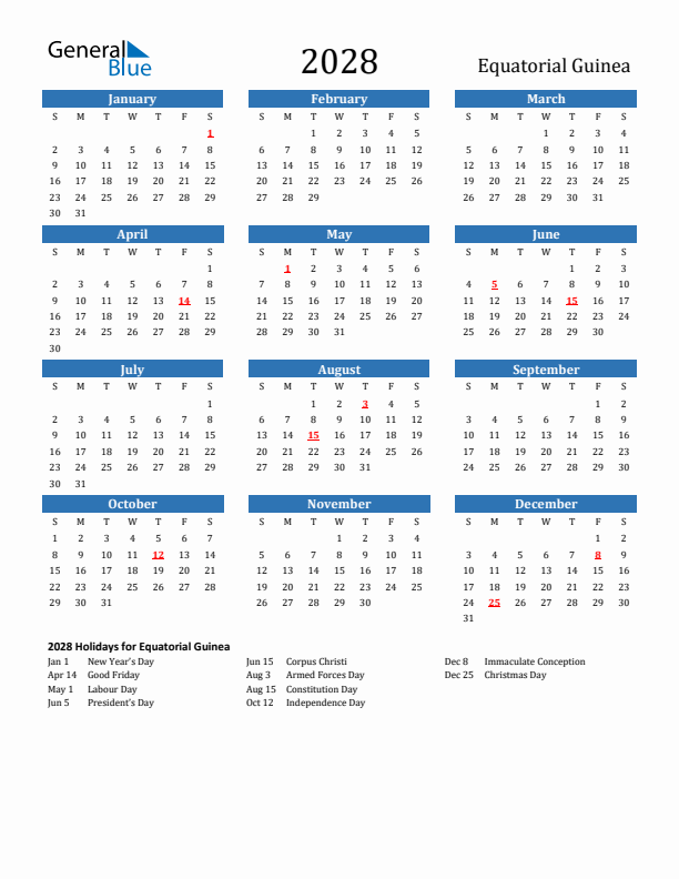 Equatorial Guinea 2028 Calendar with Holidays