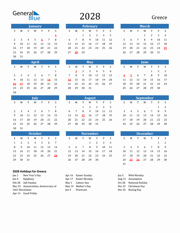 Greece 2028 Calendar with Holidays