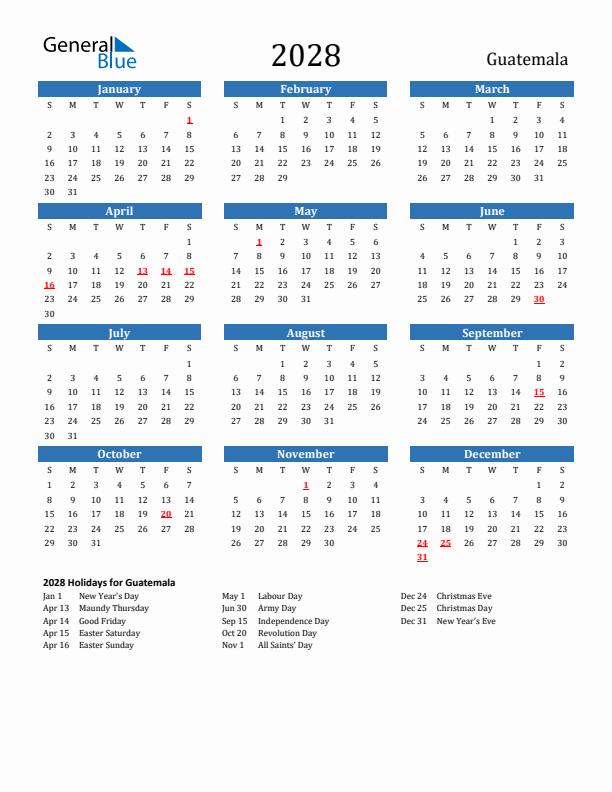 Guatemala 2028 Calendar with Holidays