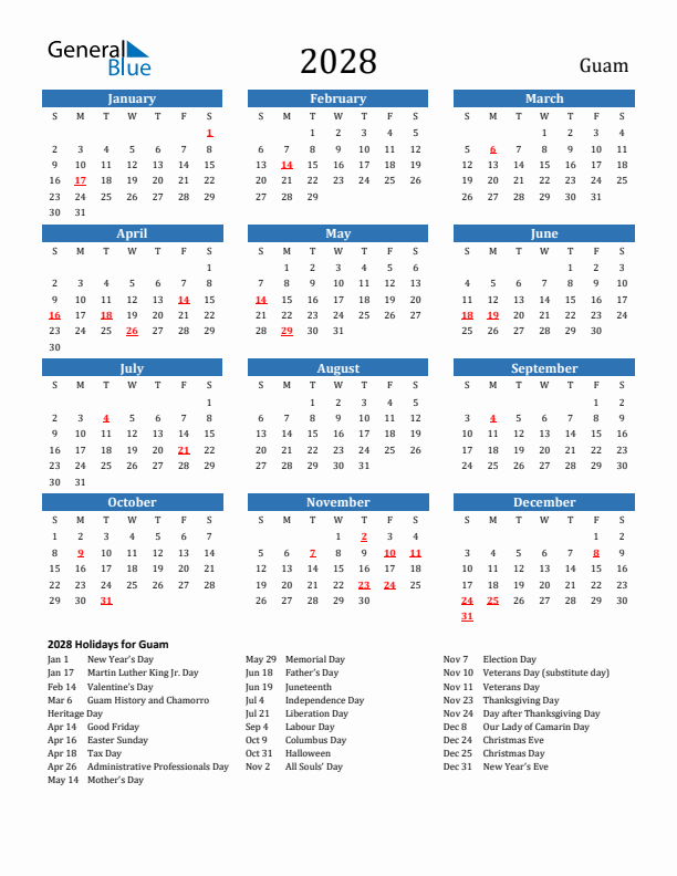 Guam 2028 Calendar with Holidays