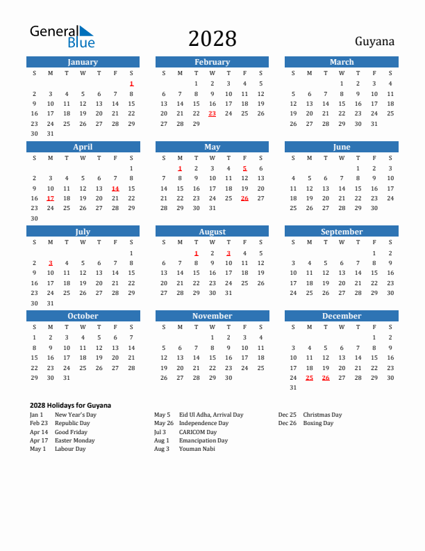 Guyana 2028 Calendar with Holidays