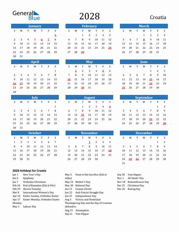 Croatia 2028 Calendar with Holidays
