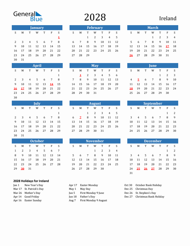 Ireland 2028 Calendar with Holidays