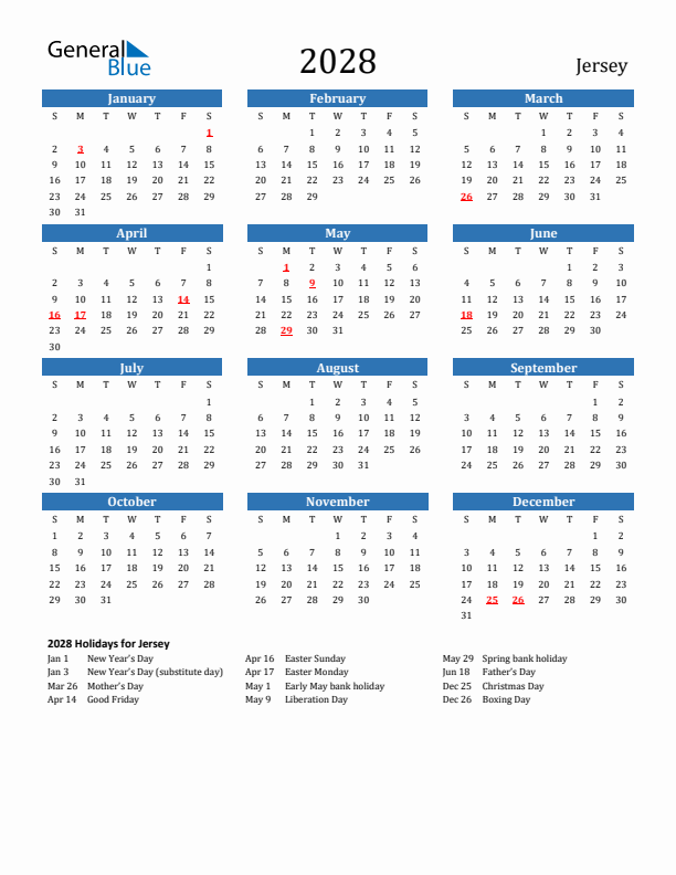 Jersey 2028 Calendar with Holidays
