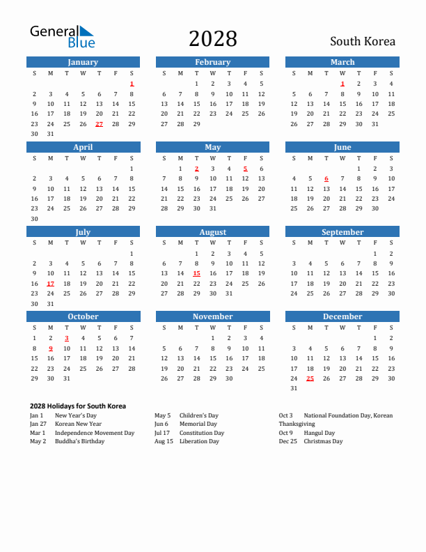 South Korea 2028 Calendar with Holidays