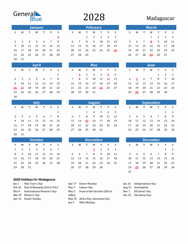 Madagascar 2028 Calendar with Holidays