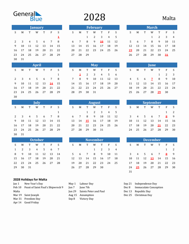 Malta 2028 Calendar with Holidays