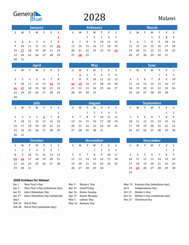 Malawi 2028 Calendar with Holidays