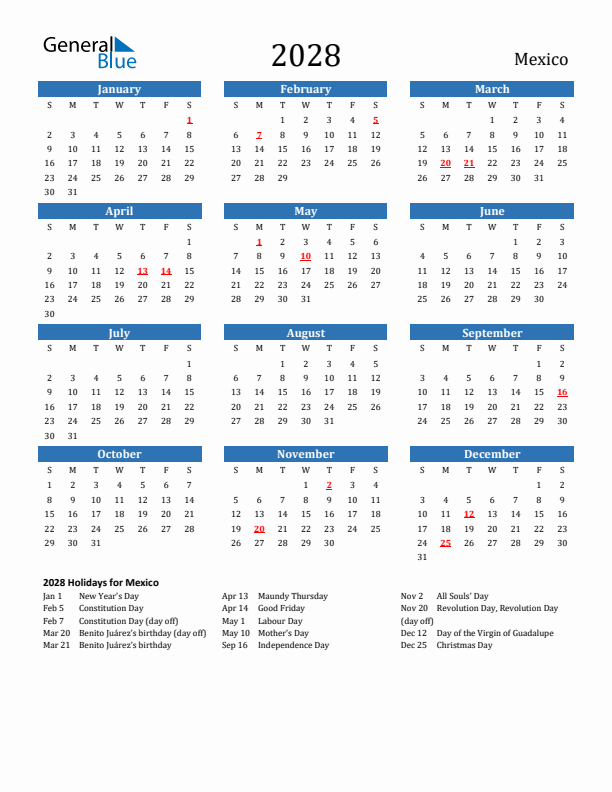 Mexico 2028 Calendar with Holidays