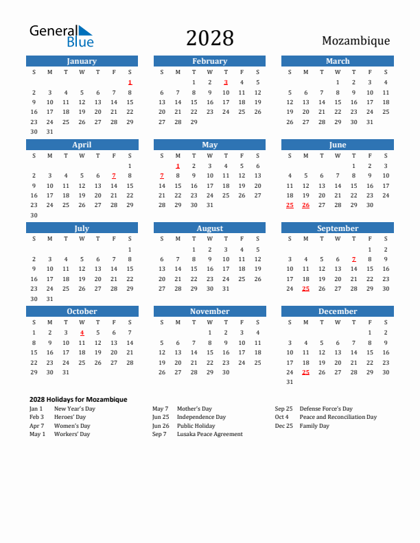 Mozambique 2028 Calendar with Holidays