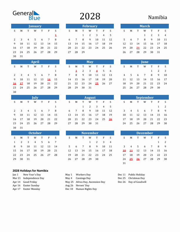 Namibia 2028 Calendar with Holidays