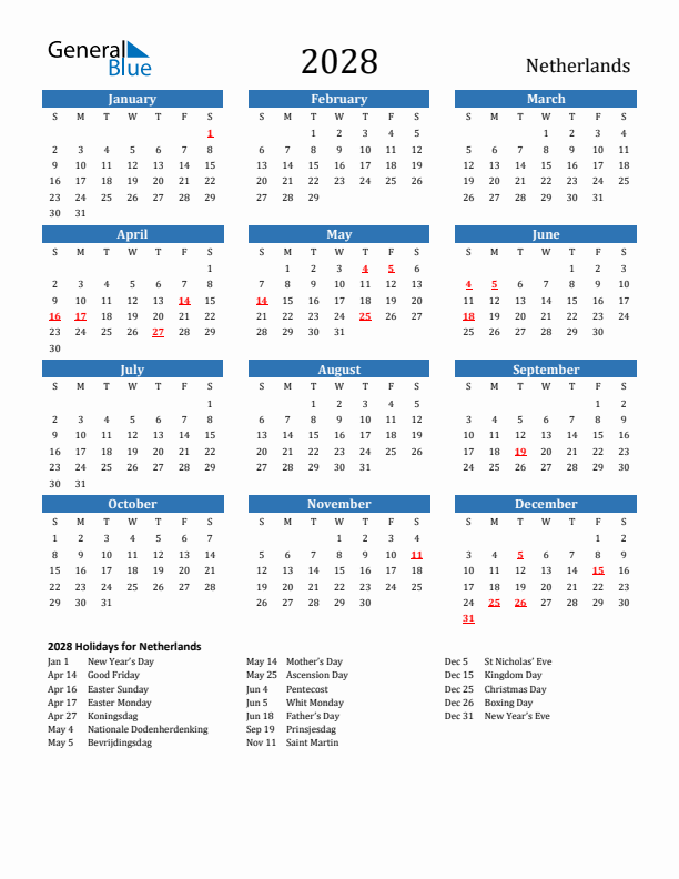 The Netherlands 2028 Calendar with Holidays